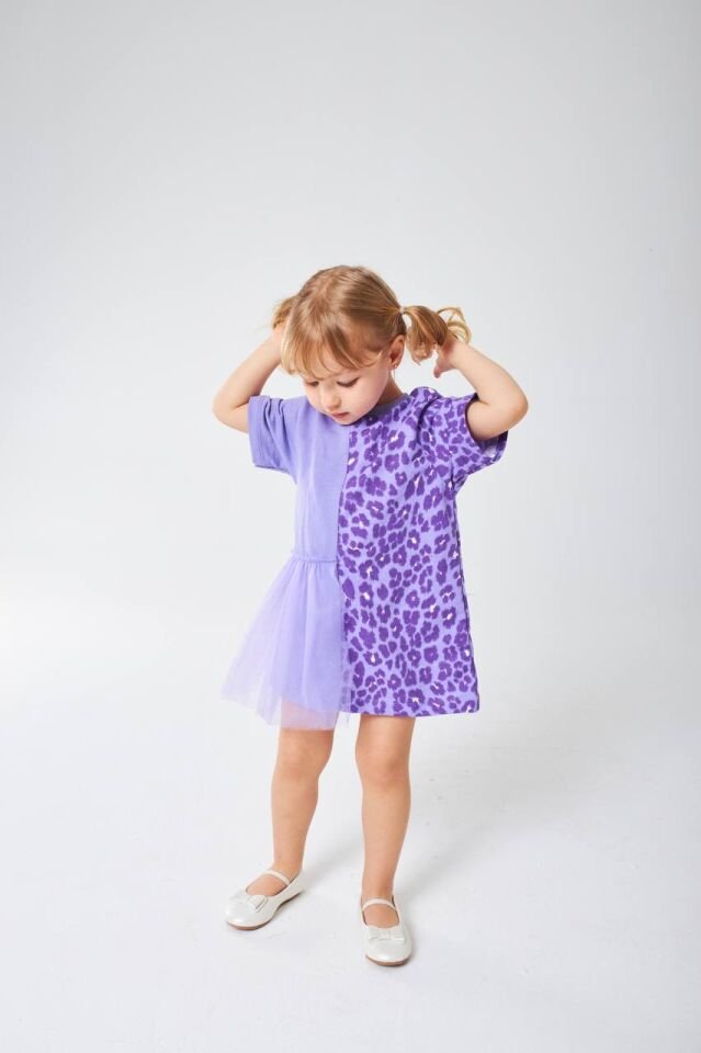 Leopar Desenli Tül Detaylı Elbise