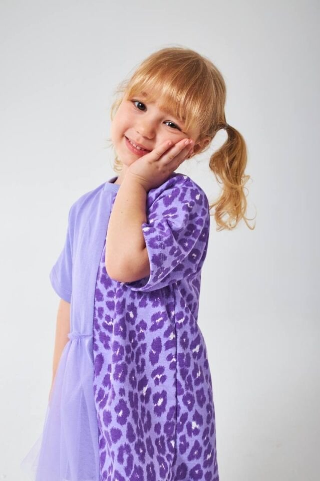 Leopar Desenli Tül Detaylı Elbise