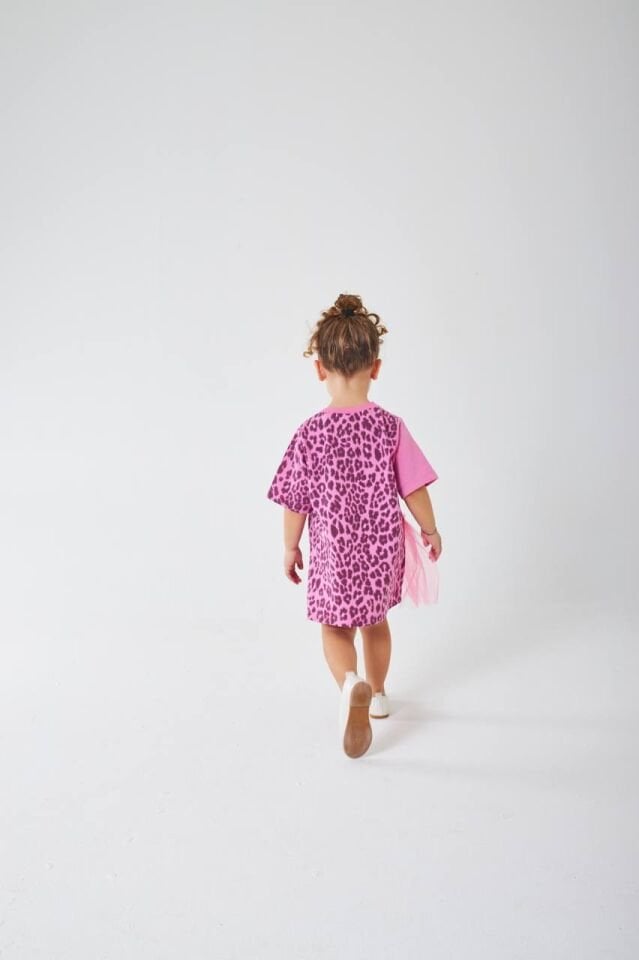 Leopar Desenli Tül Detaylı Elbise