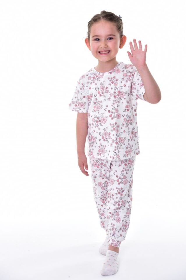 Çiçek Desenli Fitilli Kız Çocuk Pijama Takımı