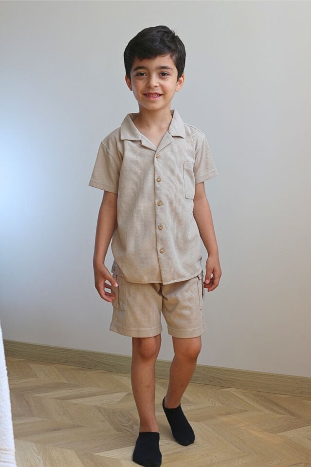 Waffle Düğmeli Erkek Çocuk Takım