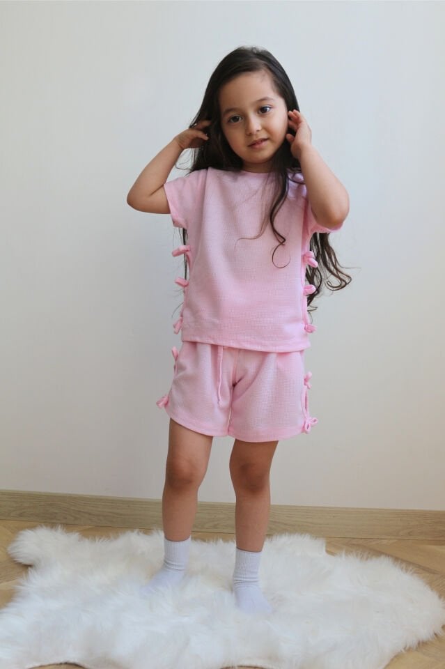 Pembe Gofre Kumaş Kız Çocuk Takım
