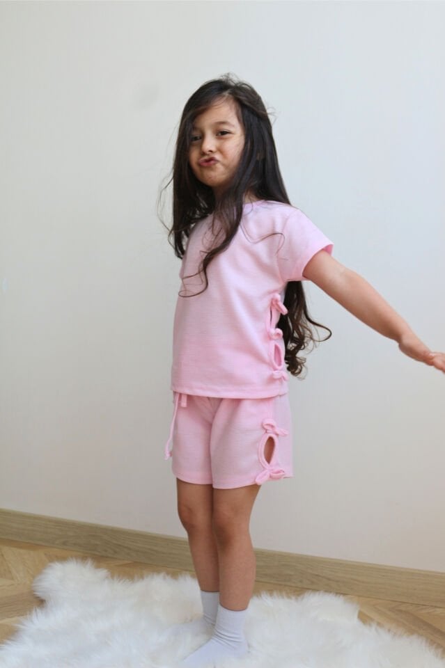 Pembe Gofre Kumaş Kız Çocuk Takım