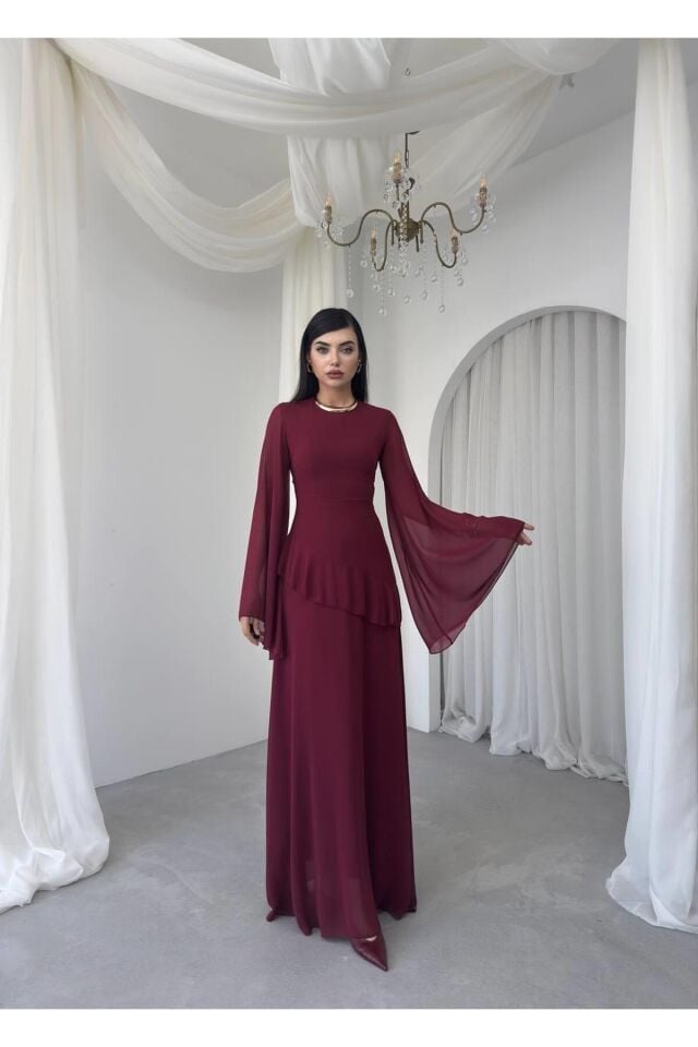 Şifon Fırfır Detay Abiye Elbise