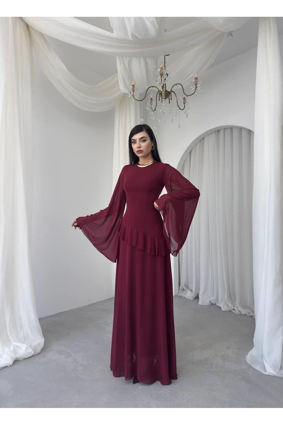 Şifon Fırfır Detay Abiye Elbise
