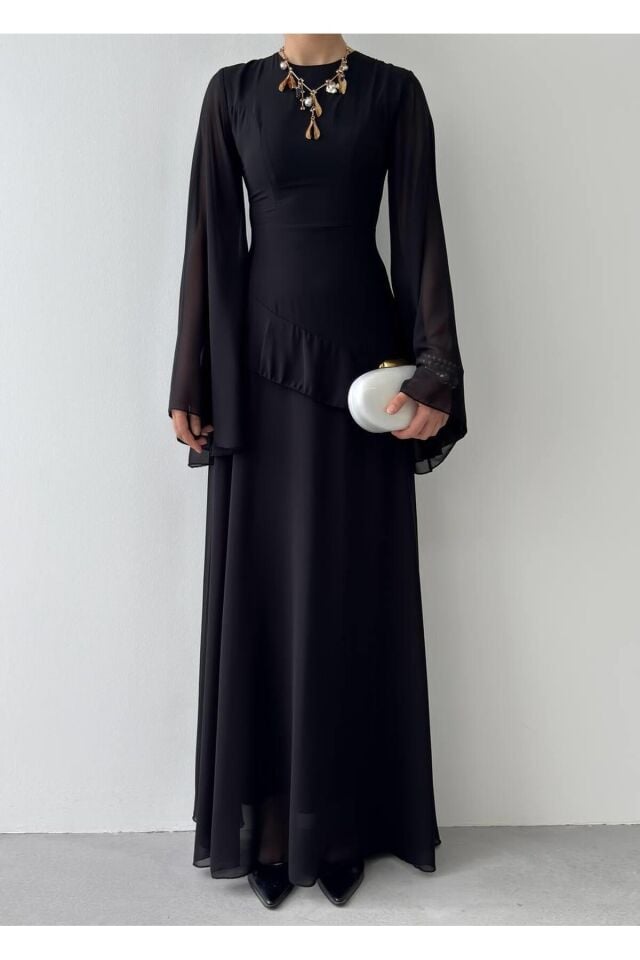 Şifon Fırfır Detay Abiye Elbise