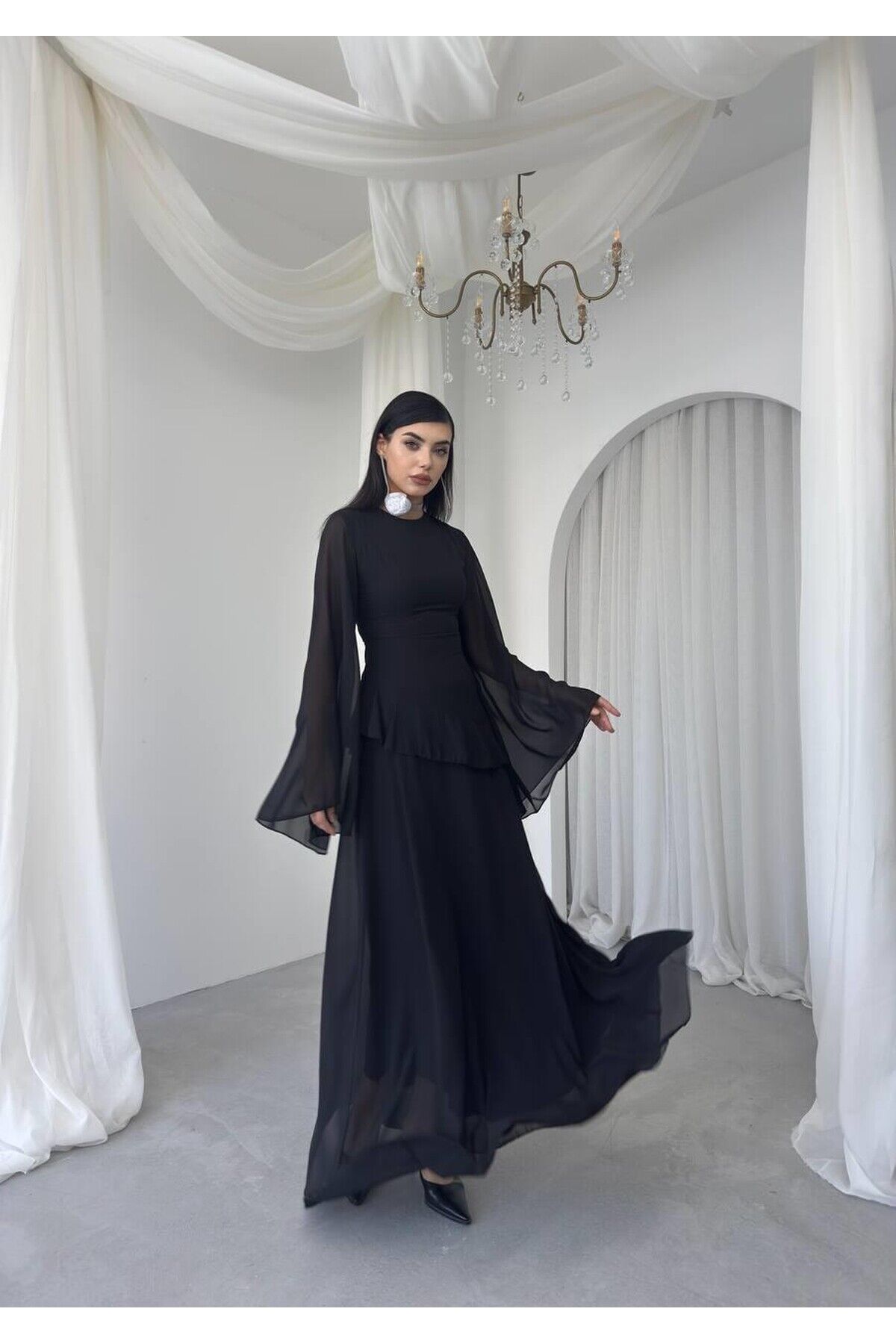 Şifon Fırfır Detay Abiye Elbise