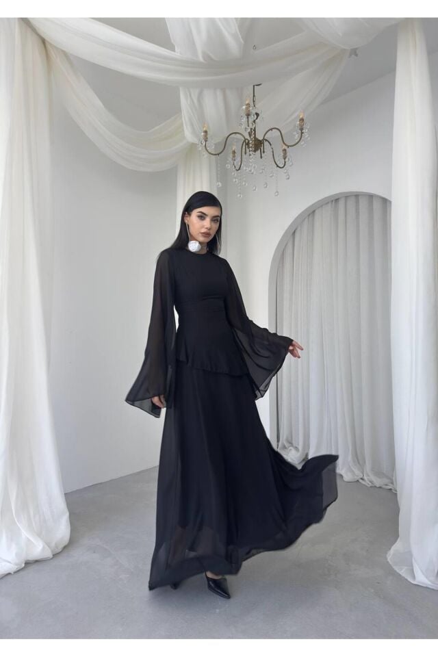 Şifon Fırfır Detay Abiye Elbise