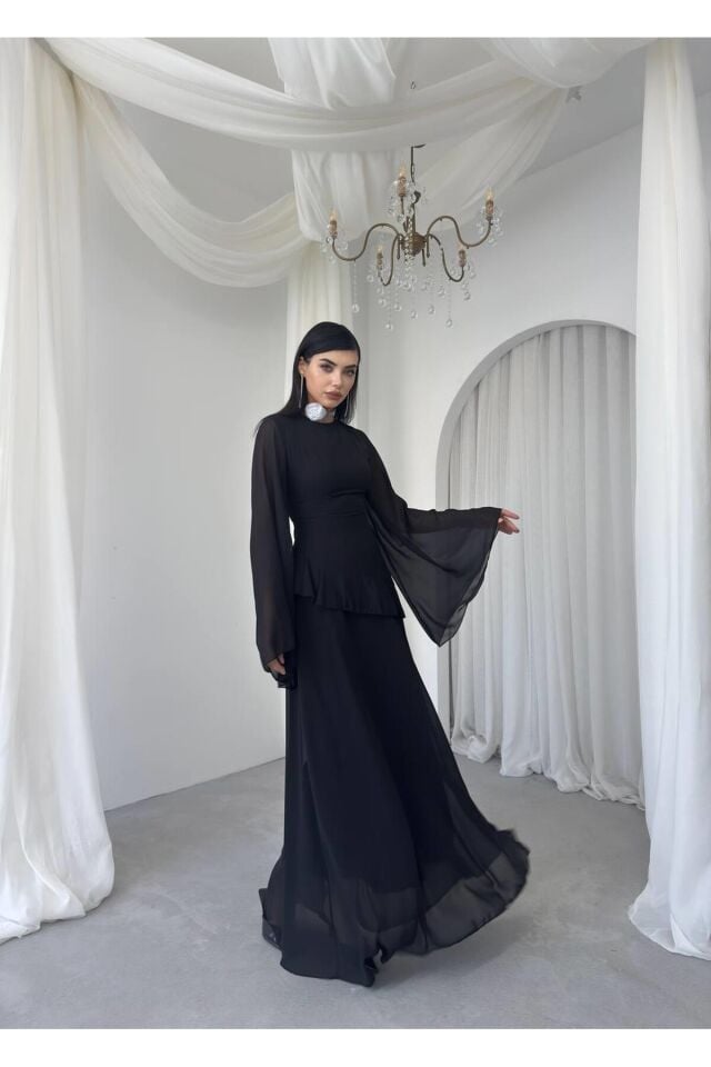 Şifon Fırfır Detay Abiye Elbise