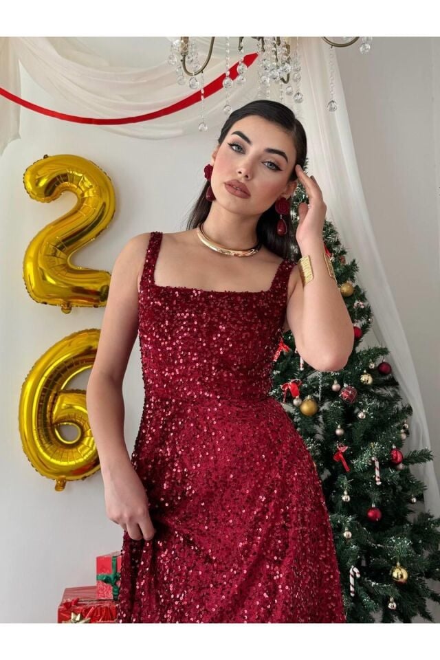 Pul Payetli Kare Yaka Uzun Elbise